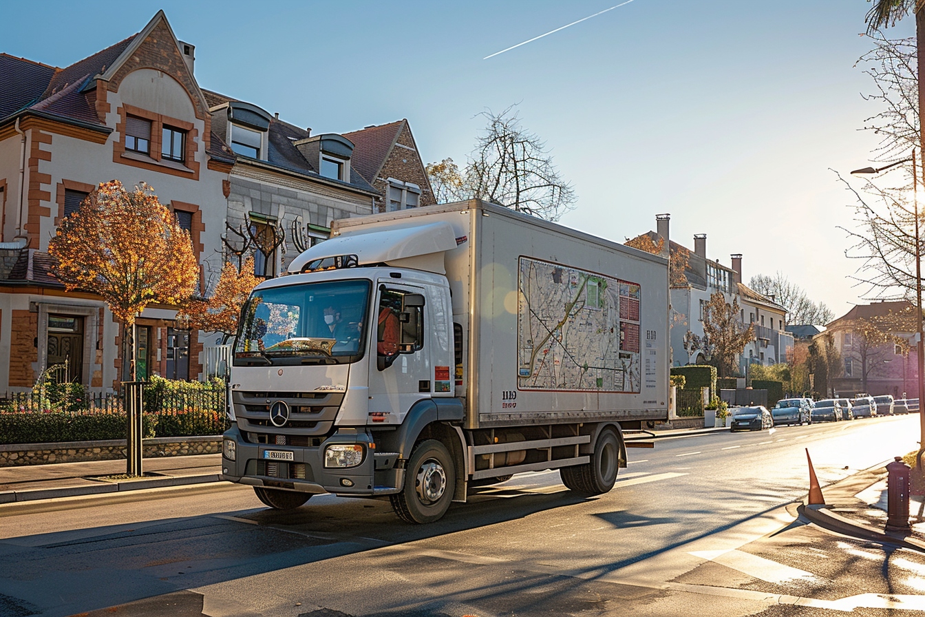Camion de déménagement stationné à Le Blanc Mesnil avec une carte consulaire en évidence pour faciliter l'installation