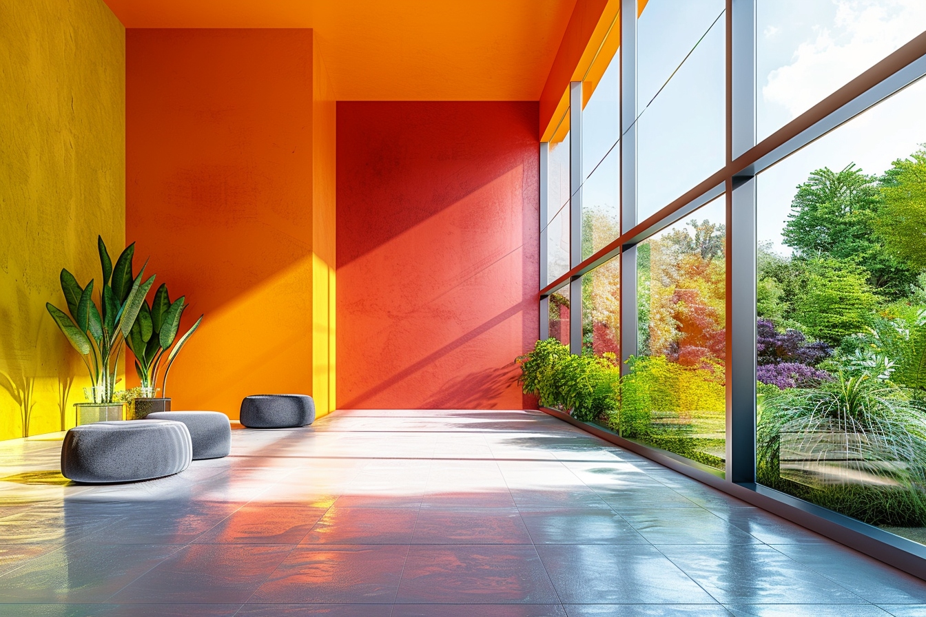 Vue panoramique d'un salon spacieux dans une maison ouverte après harmonisation des couleurs de peinture, montrant un style élégant et cohérent