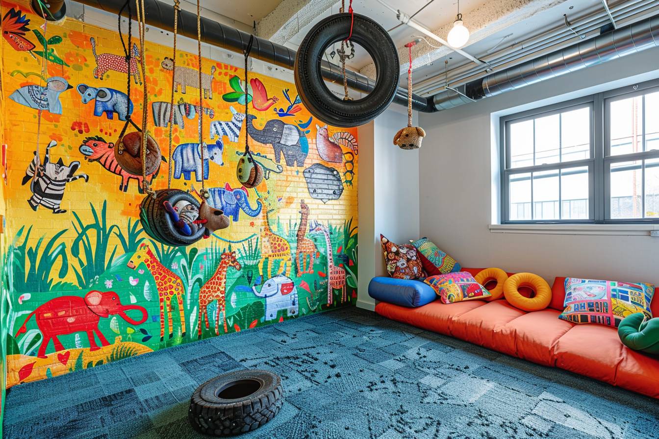 Un enfant souriant joue dans une chambre joliment décorée avec des matériaux recyclés, illustrant un univers de jeu durable et captivant.