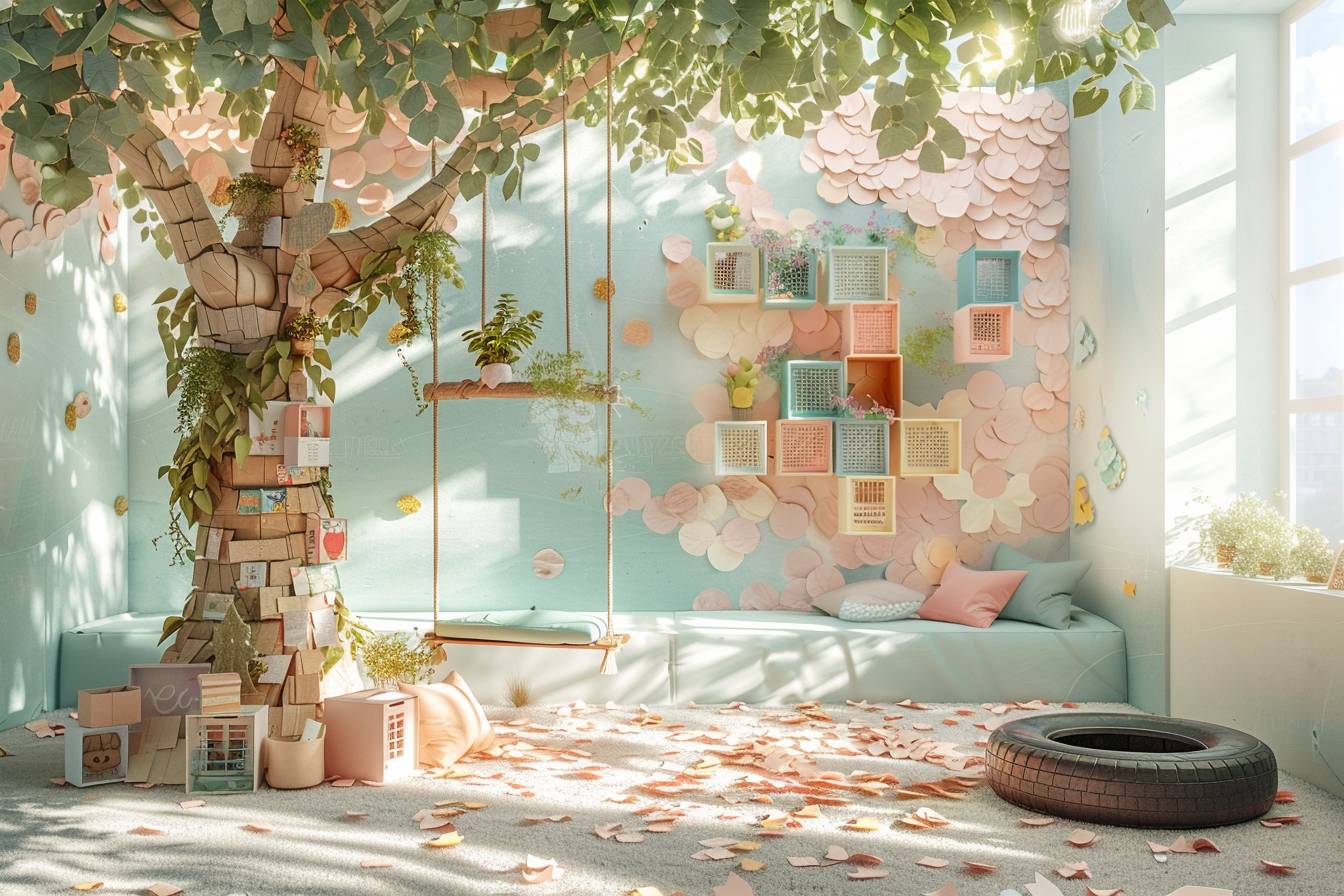 Alt d'image: "Chambre d'enfant écologiquement chic décorée avec des matériaux recyclés, intégrant jouets et meubles éco-responsables pour un espace rêveur.
